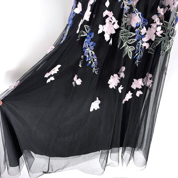 Marchesa Embroidered Tulle Midi Dress Black Blue 3D Floral Off Shoulder Sz 0 - Picture 6 of 12